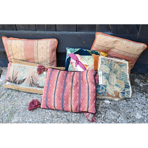 842 - Four assorted antique kelim faced cushions to/with two Indian printed cushions (6)