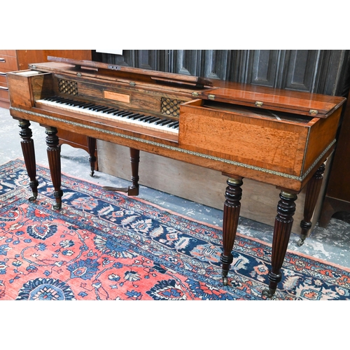 John Broadwood & Sons, a late Georgian square piano, mahogany and rosewood cases with gilt metal mounts, raised on six slender turned and fluted legs to brass castors, circa 1820's, in older restored condition