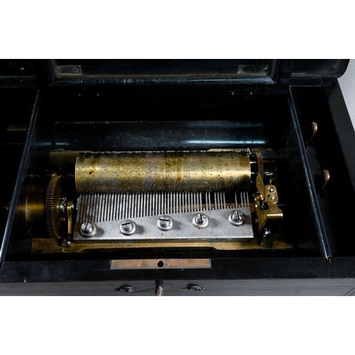 873 - A late 19th century Swiss cylinder music box, the 15.5 cm cylinder playing six airs, the lever arm s... 