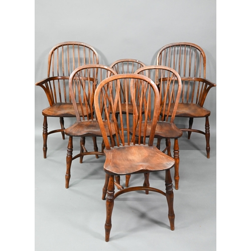 880 - A set of six 19th century style oak and elm crinoline stretcher Windsor chairs, comprising four side... 