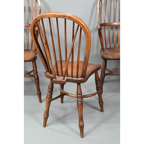 880 - A set of six 19th century style oak and elm crinoline stretcher Windsor chairs, comprising four side... 