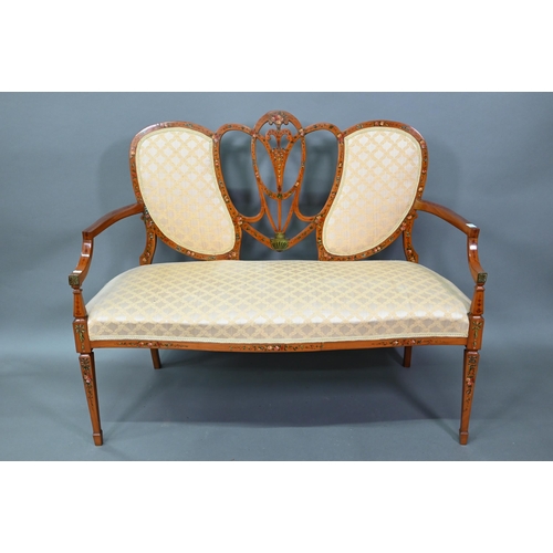 886 - An Edwardian Sheraton Revival polychrome decorated satinwood sofa, with fabric back panels over an c... 