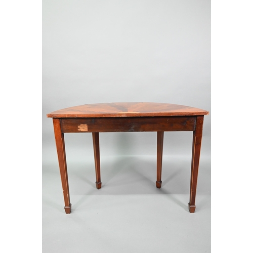 888 - A pair of boxwood inlaid figured mahogany Sheraton Revival demi-lune tables, raised on square taperi... 