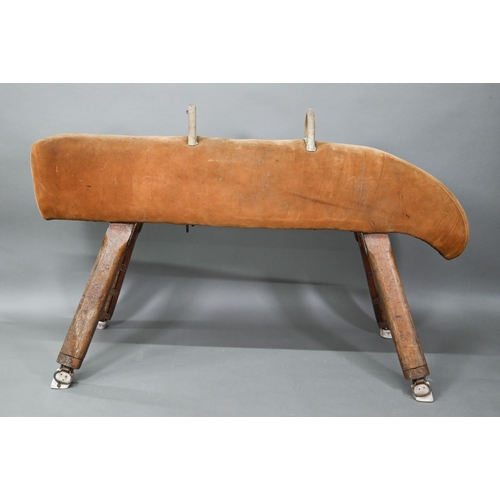 890 - A vintage suede covered gymnasium vault horse, rasied on square adjustable legs - a/f