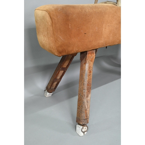 890 - A vintage suede covered gymnasium vault horse, rasied on square adjustable legs - a/f