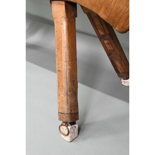 890 - A vintage suede covered gymnasium vault horse, rasied on square adjustable legs - a/f