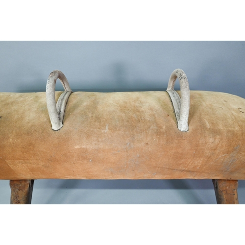 890 - A vintage suede covered gymnasium vault horse, rasied on square adjustable legs - a/f