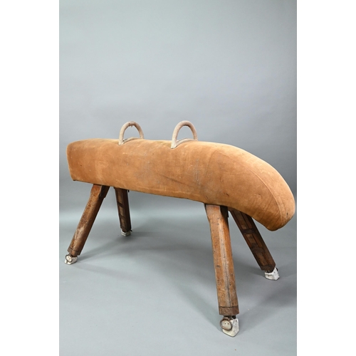 890 - A vintage suede covered gymnasium vault horse, rasied on square adjustable legs - a/f