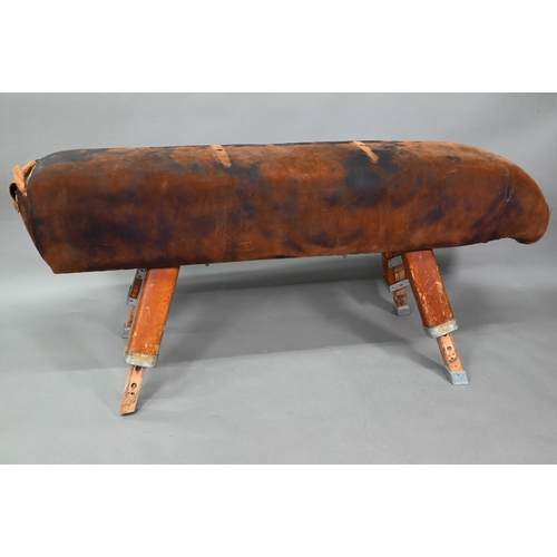 891 - A vintage vault horse, suede covered on adjustable oak legs, approx. 174 cm long