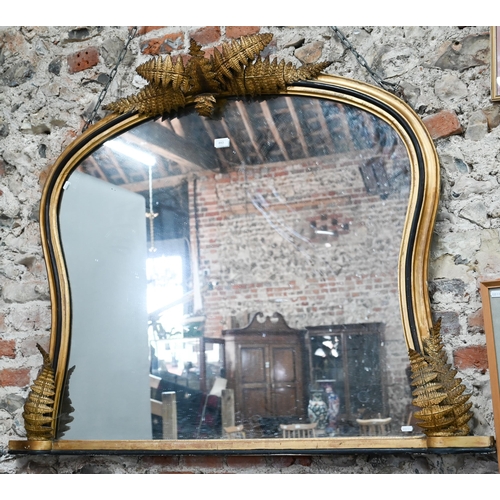 893 - A Victorian giltwood and composite over-mantel mirror with black and gilt frame and applied gilt lea... 