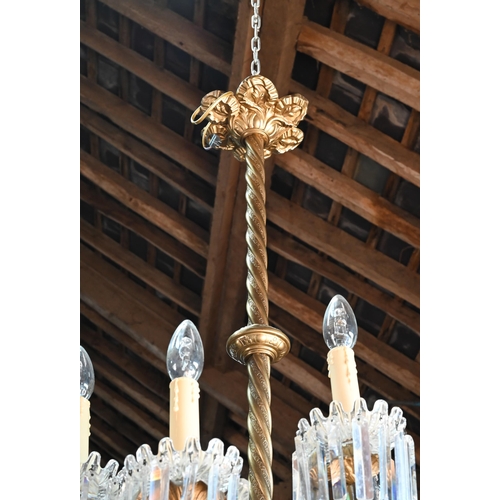 895 - A good French gilt metal and crystal glass adorned ten branch electrolier, suspended from a central ... 