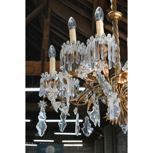 895 - A good French gilt metal and crystal glass adorned ten branch electrolier, suspended from a central ... 