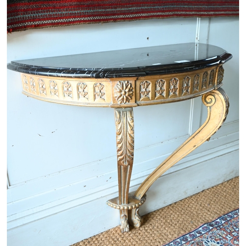 904 - An 18th century style black marble top demi-lune giltwood console table, 76 cm w x 38 cm x 72 cm h