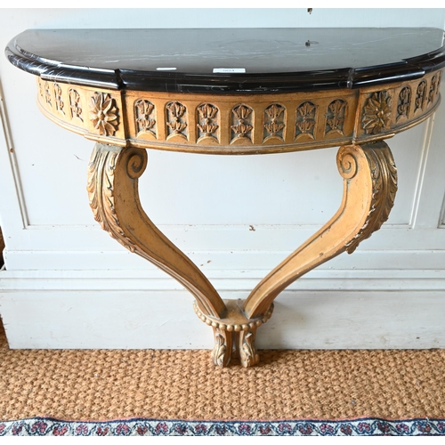 904 - An 18th century style black marble top demi-lune giltwood console table, 76 cm w x 38 cm x 72 cm h