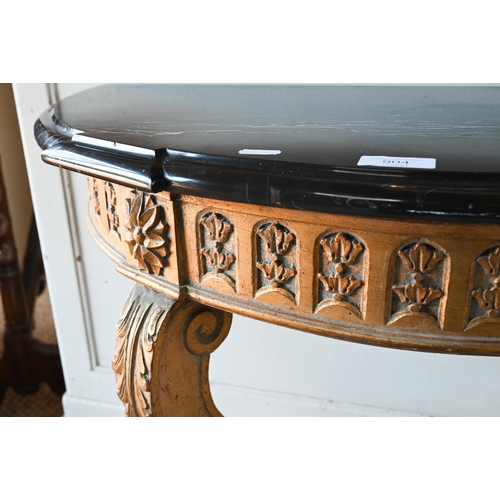 904 - An 18th century style black marble top demi-lune giltwood console table, 76 cm w x 38 cm x 72 cm h