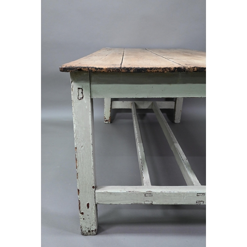 916 - An antique Irish pine 4-plank top kitchen table, the base with heavily distressed painted finish uni... 