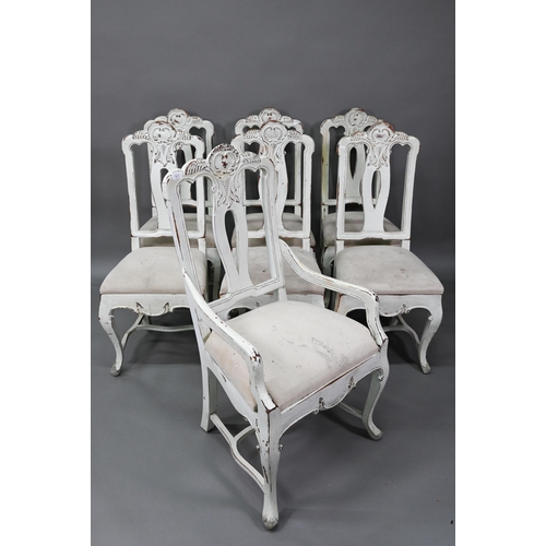 917 - A set of seven French dining chairs in distress painted finish, with fabric seats comprising six sid... 