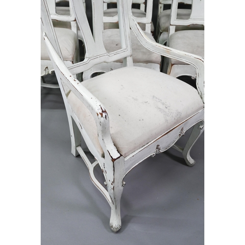 917 - A set of seven French dining chairs in distress painted finish, with fabric seats comprising six sid... 