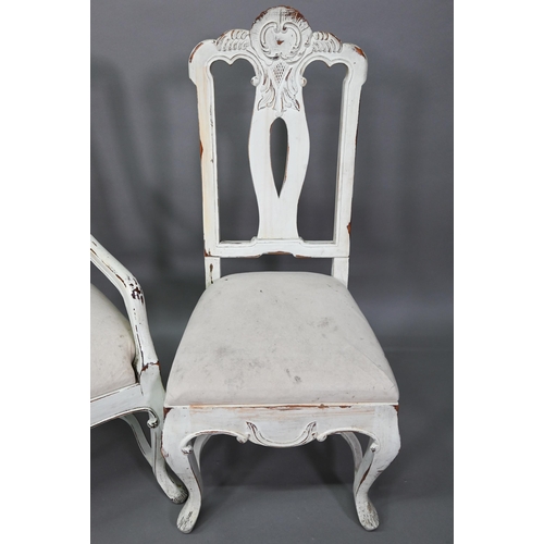 917 - A set of seven French dining chairs in distress painted finish, with fabric seats comprising six sid... 