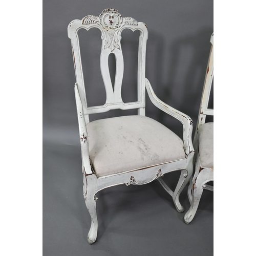 917 - A set of seven French dining chairs in distress painted finish, with fabric seats comprising six sid... 