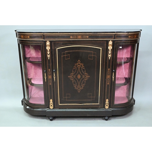 918 - A Victorian gilt metal mounted ebonised credenza, the gilt stencilled centre cabinet door flanked by... 