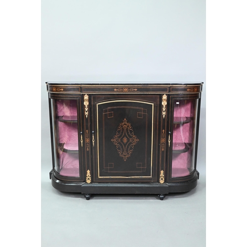 918 - A Victorian gilt metal mounted ebonised credenza, the gilt stencilled centre cabinet door flanked by... 