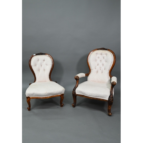 927 - Two late Victorian walnut framed button backed salon chairs, an open salon armchair and a nursing ch... 