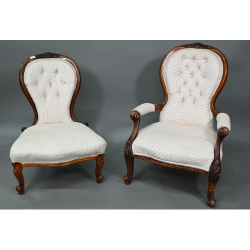 927 - Two late Victorian walnut framed button backed salon chairs, an open salon armchair and a nursing ch... 