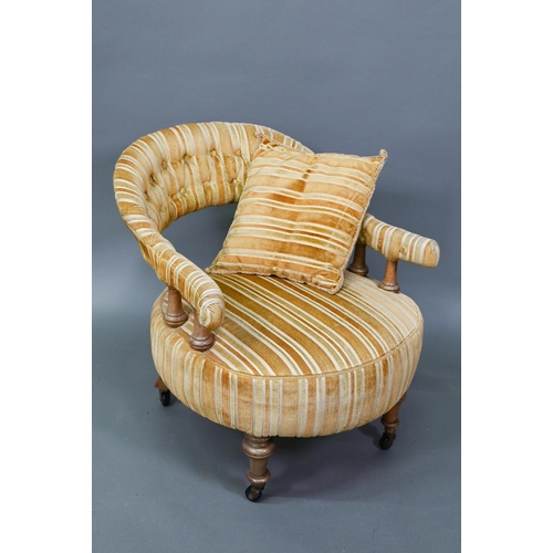 930 - A late 19th century yellow fabric upholstered crinoline form salon chair, on castors