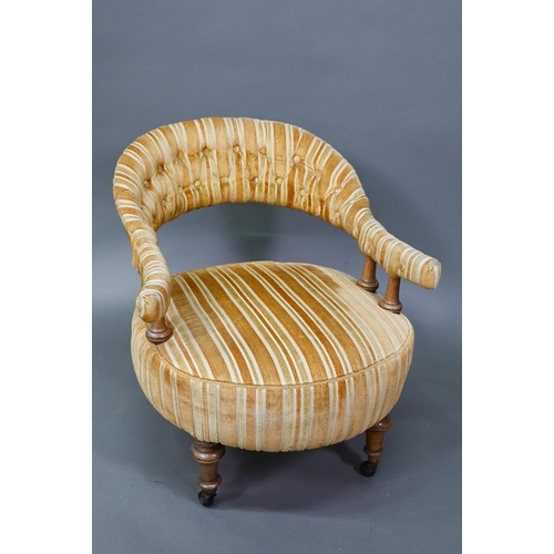 930 - A late 19th century yellow fabric upholstered crinoline form salon chair, on castors