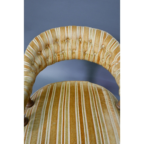 930 - A late 19th century yellow fabric upholstered crinoline form salon chair, on castors