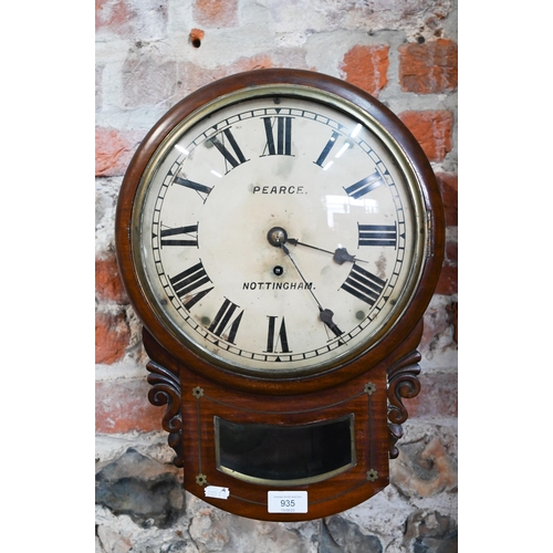 935 - AMENDMENT Pearce, Nottingham, a 19th century brass inlaid mahogany cased drop dial wall clock, the s... 