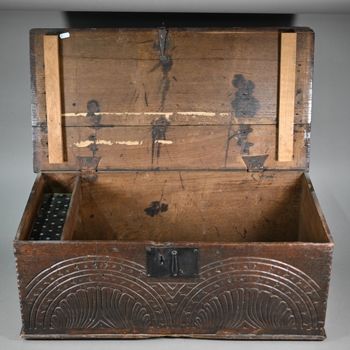 937 - A late 17th century bible box with lunette carved front, 70 cm x 36 cm x 26.5 cm h