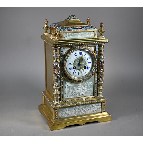 A fine Maple & Co. Ltd., Paris, champlevé enamel, jasperware panelled gilt brass mantel clock, early 20th century, the two train movement striking a coiled gong on the hours and half hours, with enamelled garland decorated dial, 37 cm h (key and pendulum present)