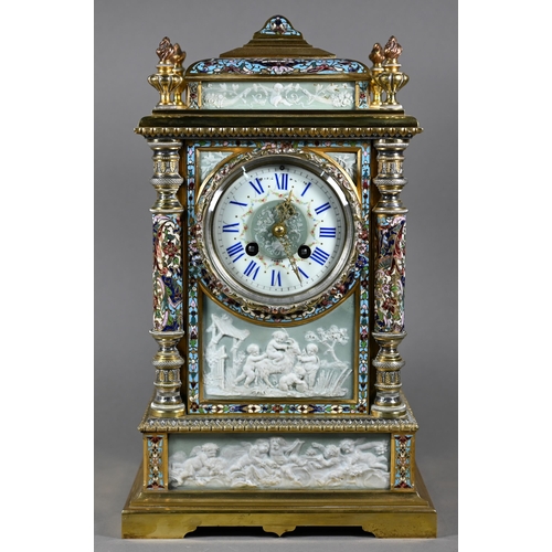 948 - A fine Maple & Co. Ltd., Paris, champlevé enamel, jasperware panelled gilt brass mantel clock, e... 