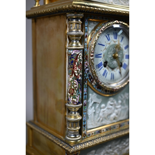 948 - A fine Maple & Co. Ltd., Paris, champlevé enamel, jasperware panelled gilt brass mantel clock, e... 