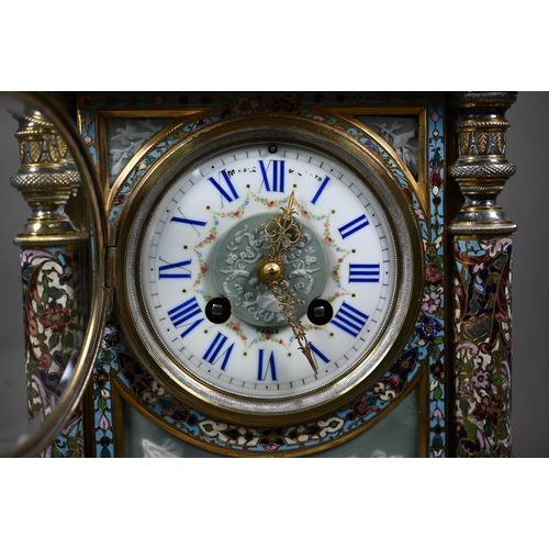 948 - A fine Maple & Co. Ltd., Paris, champlevé enamel, jasperware panelled gilt brass mantel clock, e... 