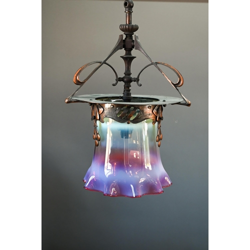 949 - A single coppered Art Nouveau ceiling light in the manner of WAS Benson, of open organic form, suspe... 