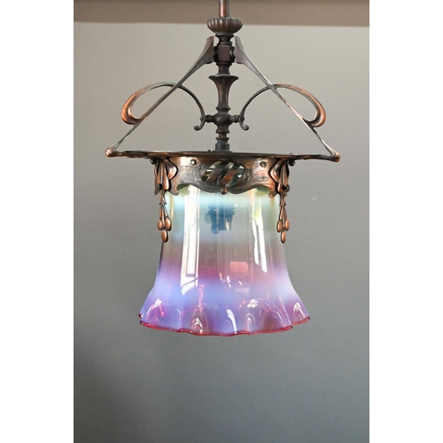 949 - A single coppered Art Nouveau ceiling light in the manner of WAS Benson, of open organic form, suspe... 