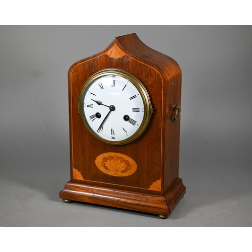 950 - A continental inlaid walnut mantel clock, the two train 8-day movement by Hins & Sochne, strikin... 