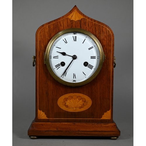 950 - A continental inlaid walnut mantel clock, the two train 8-day movement by Hins & Sochne, strikin... 