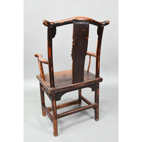 965 - A pair of Chinese elm 'official's hat' wedding chairs in the Ming dynasty manner, the shaped backres... 