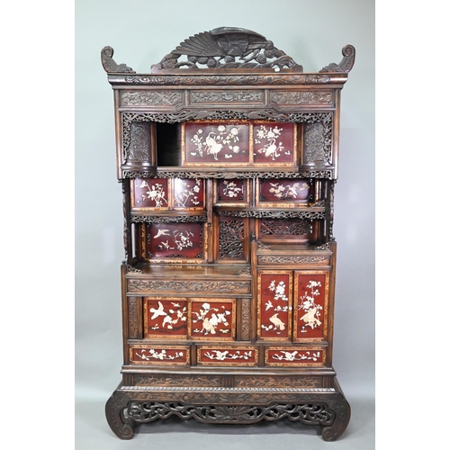 966 - A late 19th century Japanese hardwood Shodana cabinet, Meiji period (1868-1912) with profusely carve... 