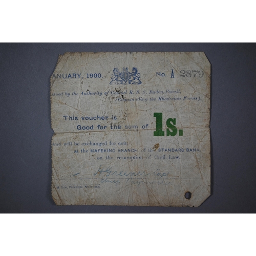 1037 - A Mafeking one shilling note no. 2879 issued January 1900, in worn condition
