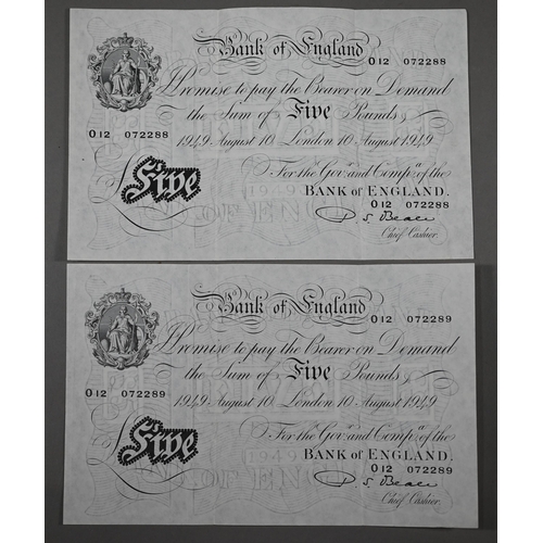 1039 - A consecutive pair of Bank of England white five pound notes, P. S. Beale, no's. 012 072288/89 - pro... 
