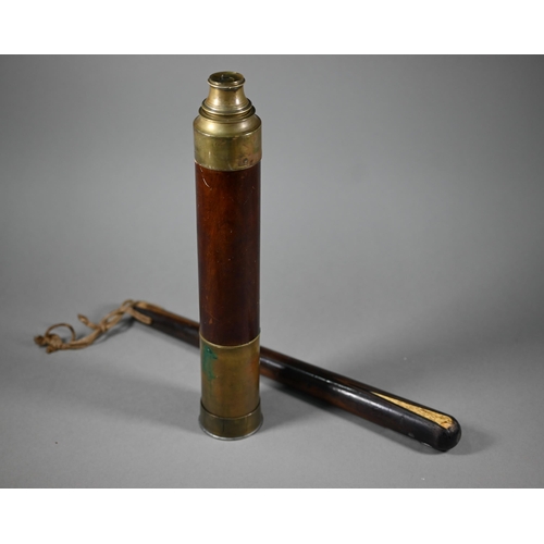 1077 - A Victorian brass and mahogany two-draw telescope, 88 cm overall to/w a rosewood belaying-pin with b... 