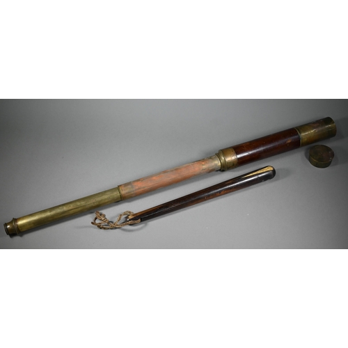 1077 - A Victorian brass and mahogany two-draw telescope, 88 cm overall to/w a rosewood belaying-pin with b... 