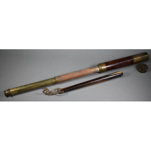 1077 - A Victorian brass and mahogany two-draw telescope, 88 cm overall to/w a rosewood belaying-pin with b... 