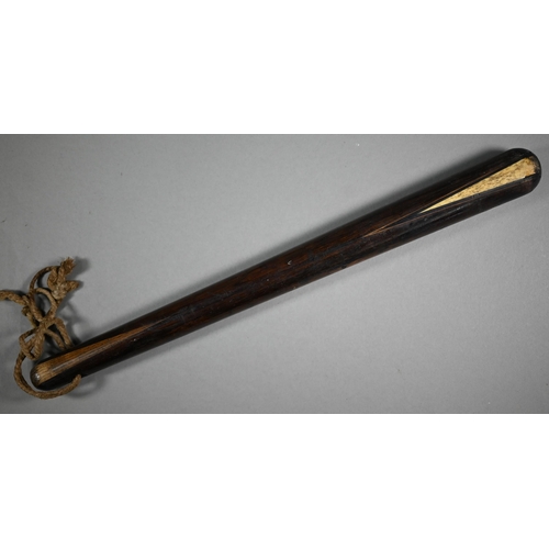 1077 - A Victorian brass and mahogany two-draw telescope, 88 cm overall to/w a rosewood belaying-pin with b... 