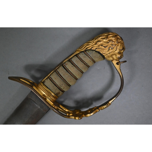 1085 - An 1805 pattern British Army officer's sabre with 76 cm curved blade, pierced gilt brass hilt with w... 